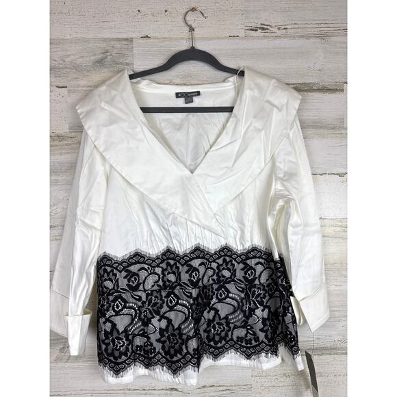 Go Silk Women’s Plus 1X White Blouse Black Lace Overlay Long Sleeve NEW Designer - Picture 1 of 7